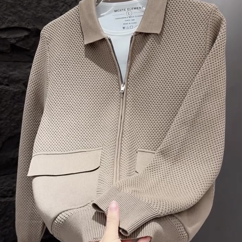 秋季男士翻领针织开衫2024新款拉链毛衣外套美式修身简约青年上衣