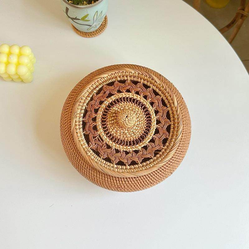 一越南秋叶藤编普洱镂茶沱零茶散茶茶罐空圆形食储存收纳盒储物盒