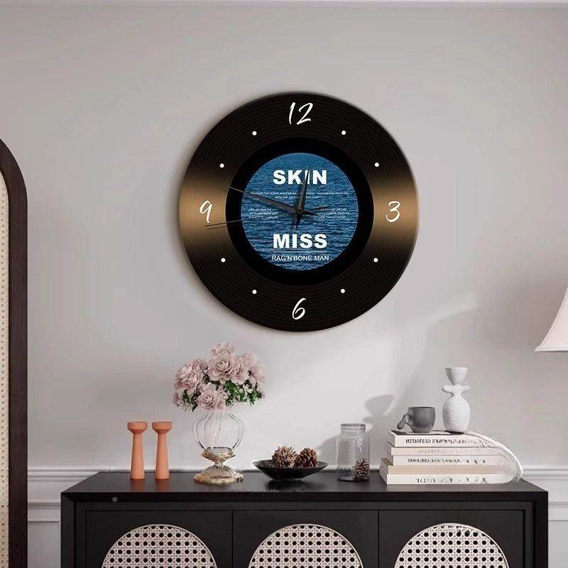 2025新中古餐风复古唱片静挂钟装饰画卧室高档钟表壁音$$kloon画