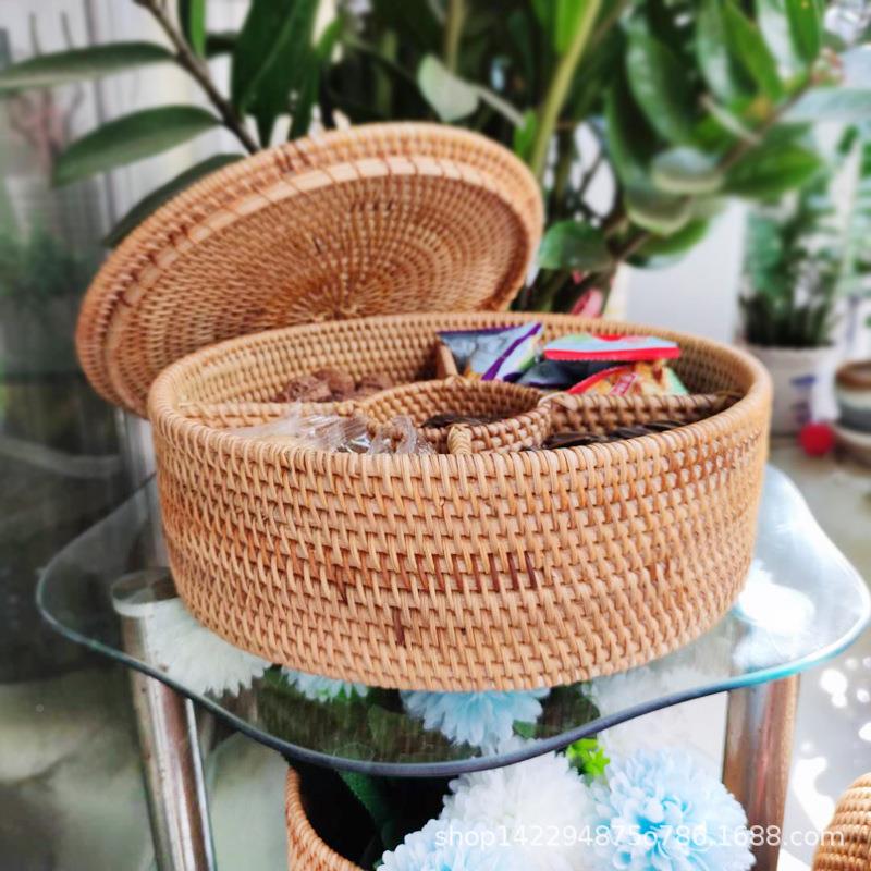 越南藤秋编面糖零食果篮家用创意分ZEC格带盖收纳筐客厅茶几桌收