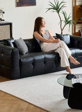 意简双人黑色皮沙发小户型简客50716式厅现代约直排猫爪皮沙约发