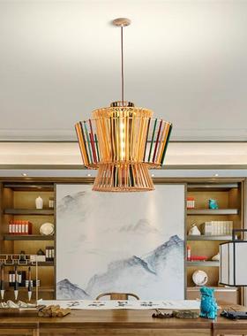 卧G-L2020室茶室酒店民宿餐le吊灯新式创意天然d中实木餐厅灯百褶