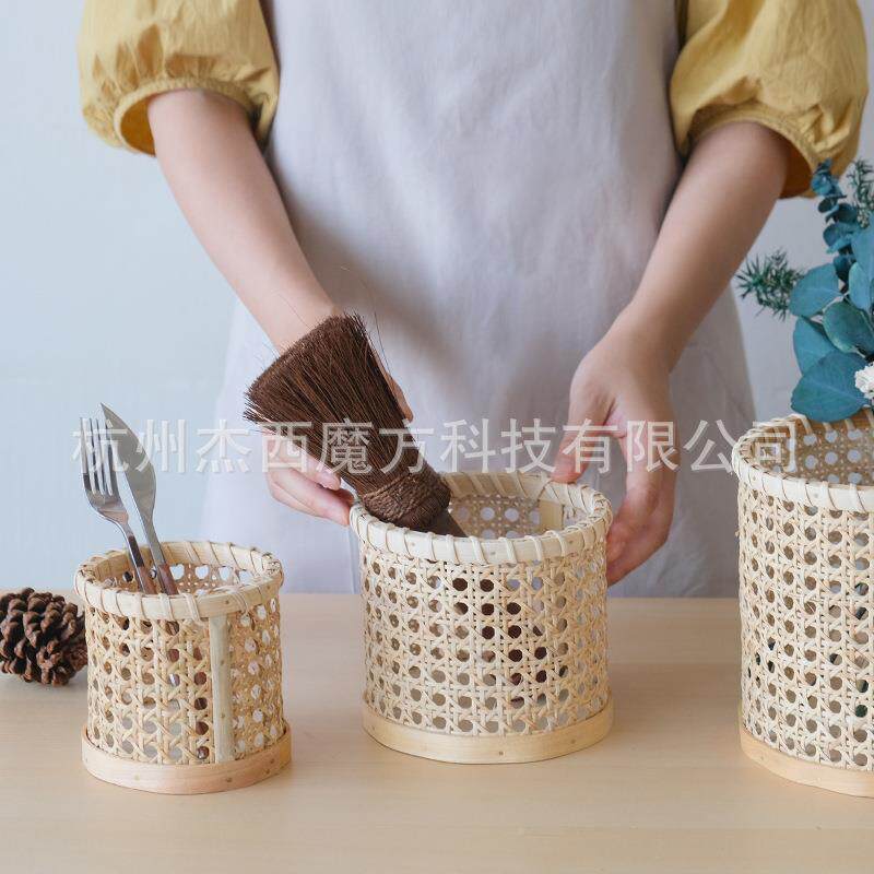 白藤小手工编织柱圆形笔筒藤编筒小花篮餐具收纳75937筐小杂筐物