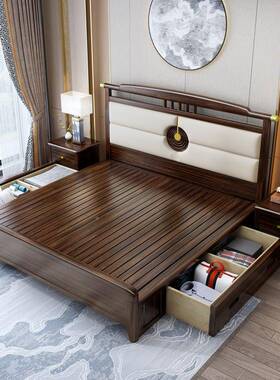 新中式金木实木床现代轻乌奢m双人户1.8主卧软76078包床高箱小型