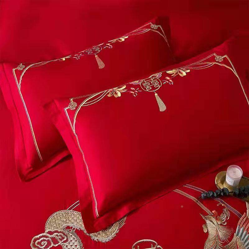 高档红色全棉枕套一对装结婚庆喜中刺大绣枕头套喜字QIB纯棉枕式