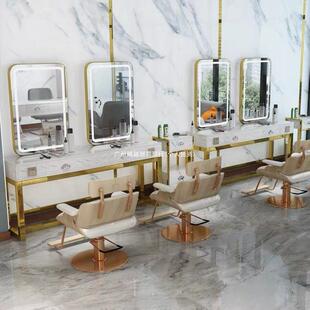 美发店网红镜子26350镜带面灯廊理发店仿理石纹路双台发单面烫剪