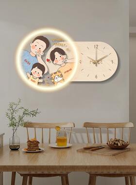 餐钟厅挂钟表钟奶30271油风装饰画创意时壁挂灯墙一家四口餐桌客
