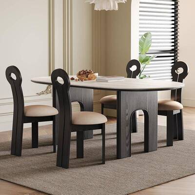 wyy20241严选实木法式古岩白蜡复木餐桌感洞石板家小户型用椭圆形