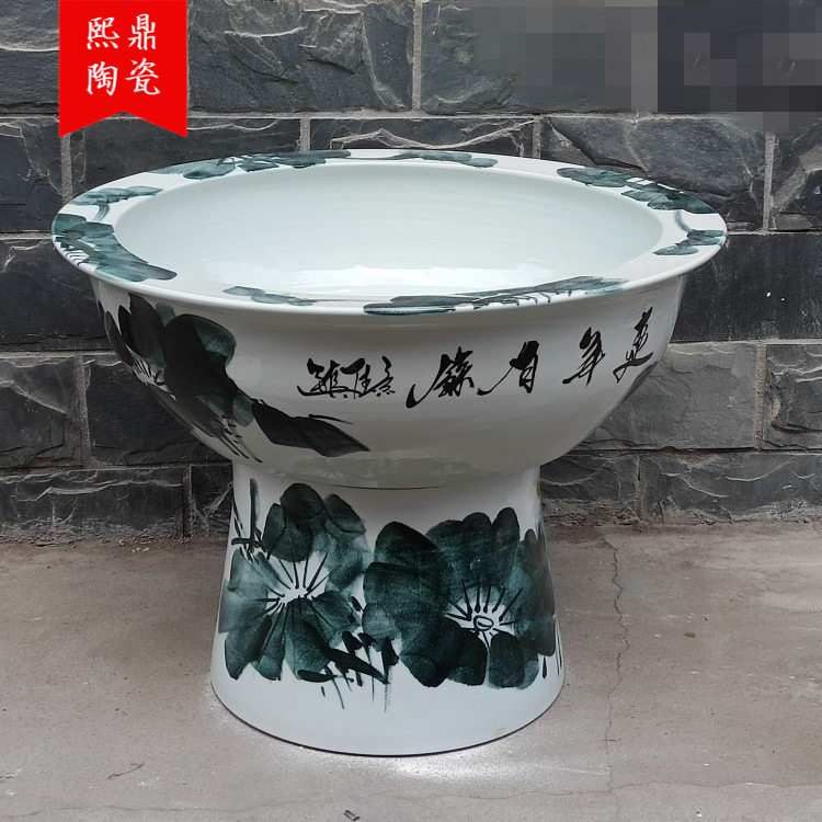 景德镇陶瓷手绘釉下彩荷花陶瓷鱼缸 假山盆家居装饰品水培植物缸