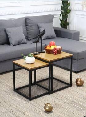 简约现色代复古木茶32797几民酒宿店特铁艺小方桌卧室阳台床实边