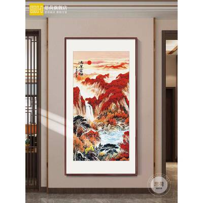 新中式户招玄关装入饰画竖版山走水画廊过XPW道风水财客厅挂画壁