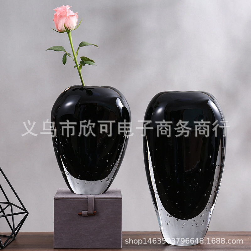 创意简约黑色琉璃工艺摆件透明玻璃花瓶软装样板间桌面玄关装饰品