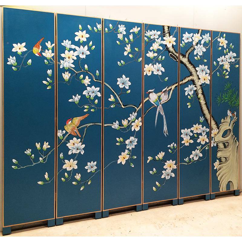 漆画风纯卧手绘隔断厅玄LPZ关进门遮挡室办公客酒店花屏鸟画折叠
