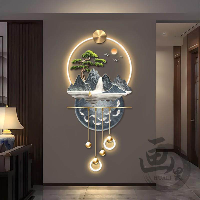 流水生财玄关装饰画高档L户ED灯画廊山水风景道入走过KF吊坠山挂