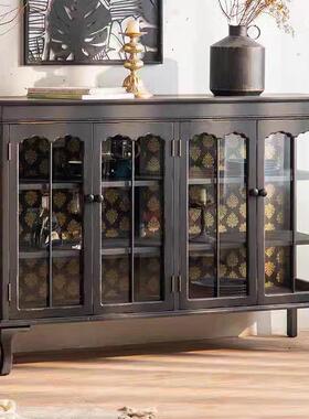 美式法式实木玻璃田客厅餐边雕柜花储物黑色玻璃MAM园原木酒柜可