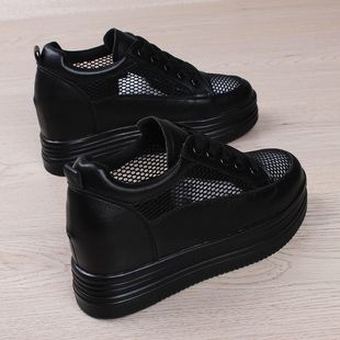 内增高7cm全黑工作鞋 镂空透气休闲女鞋 女 2021夏季 松糕厚底女网鞋