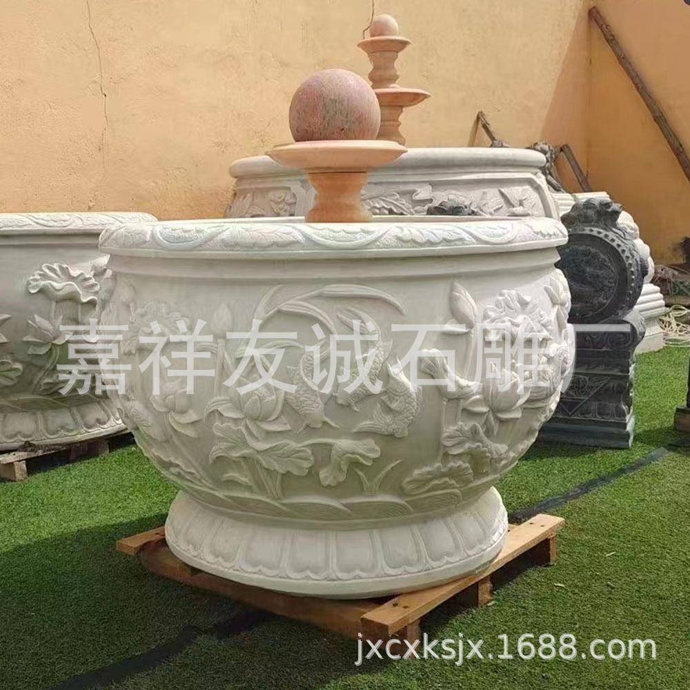 石鱼饰缸花盆青石2023616仿古做旧雕荷花石头缸院别墅庭户外风水