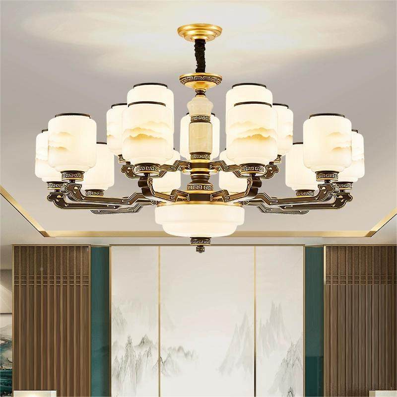 墅新中式吊灯天然玉石餐厅灯防尘封口别灯大厅室卧灯中山饰客9803