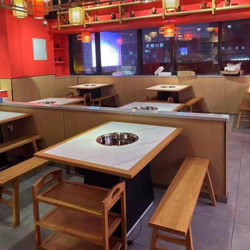 实木岩板大理石火锅电烤体桌无品牌/椅磁炉涮市井火锅店烤肉餐饮