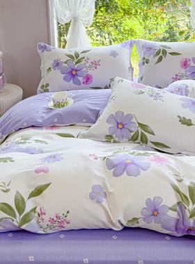 2025新款上四件套套纯棉小XPR清新紫色花宿舍床三套全件棉被床单