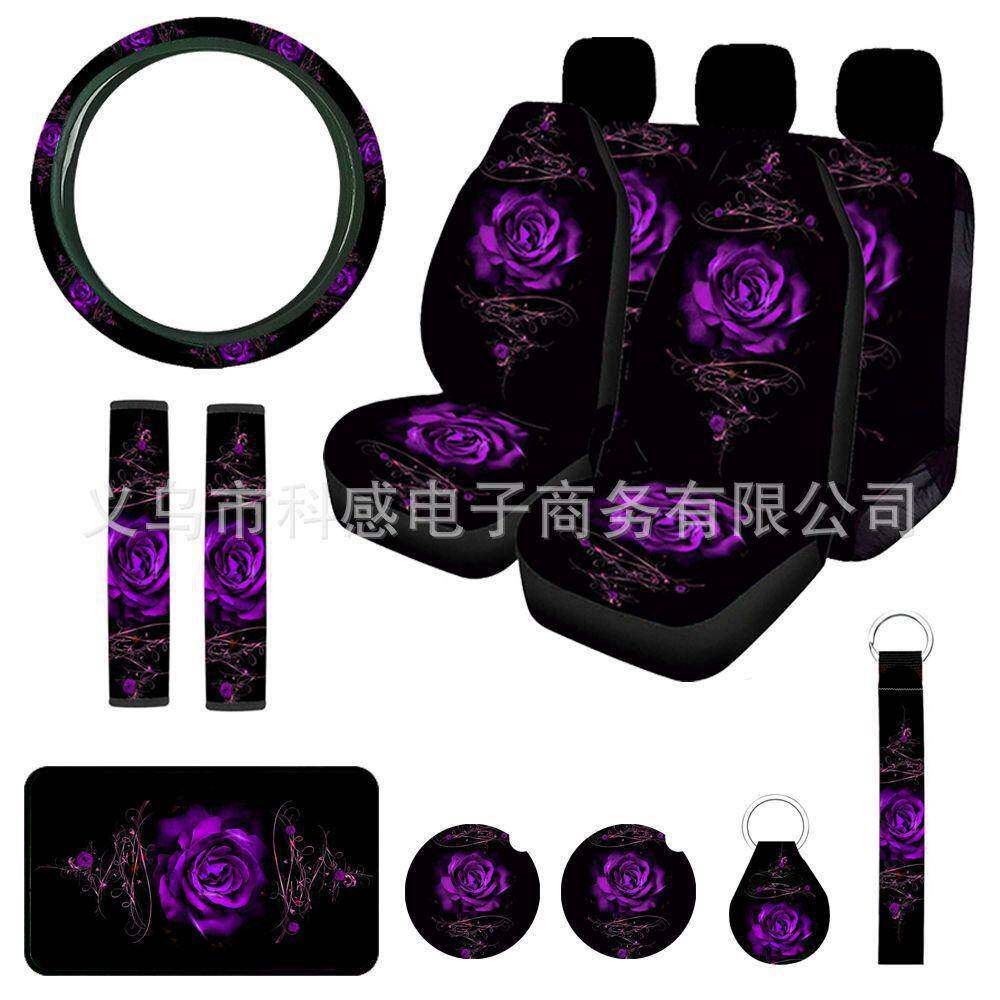 紫色玫瑰花组1向件套印花汽车座椅套735方盘套扶手合垫护5肩套