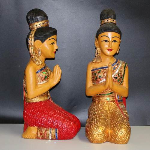 泰国桌迎跪佛摆件木JST雕人偶东侍女门宾童面摆设南亚工艺品