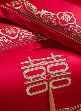 全棉庆四套结婚件Hft纯棉婚六件套长绒棉婚大红色龙凤喜被嫁床上