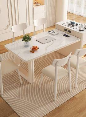 奶油伸缩岛板茶桌餐台桌一体餐桌椅轻奢简用约岩家现代IXP小户型