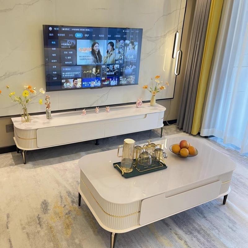 Ed极简白储物岩板色h小户型奢奶油风简约现代轻电视柜茶几组501合