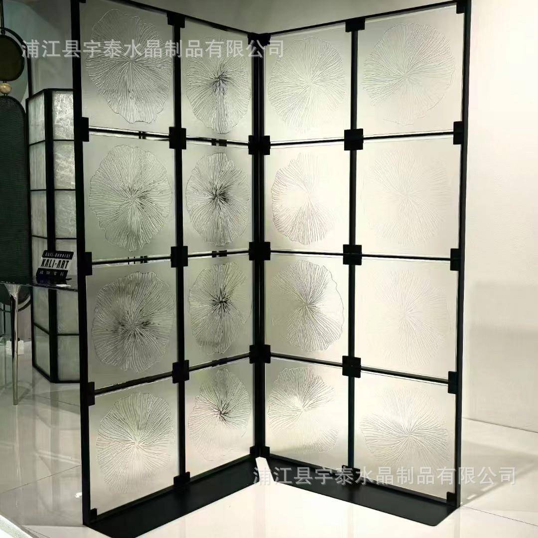 方水晶菊花屏装饰透明莲叶块挂片不锈钢PDG框风架新隔断玻璃砖款