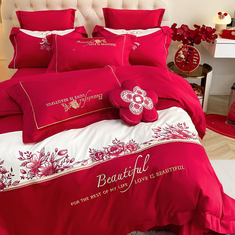 100大OSQs支长绒棉婚庆品四件套婚红纯棉贡缎绣花床上用全结棉六