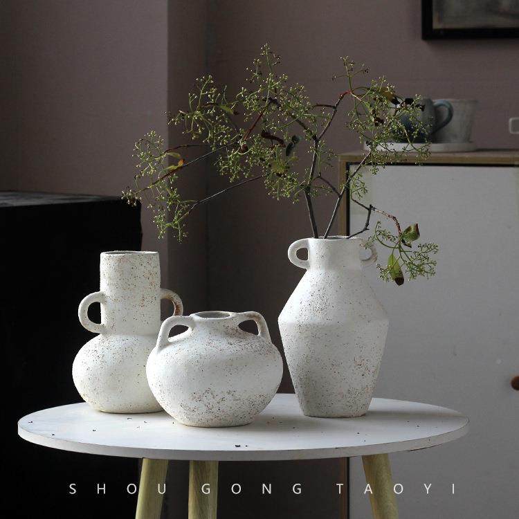 带朵耳双耳白色复古旧陶瓷花瓶饰水培SSSS家居客厅装摆件插怀花简