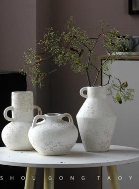 带朵耳双耳白色复古旧陶瓷花瓶饰水培SSSS家居客厅装摆件插怀花简