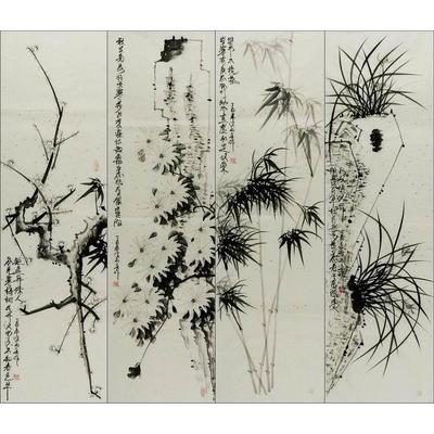 子四条屏国清画梅兰竹FQY菊手客厅办公室大厅装饰君画雨点三绘尺G