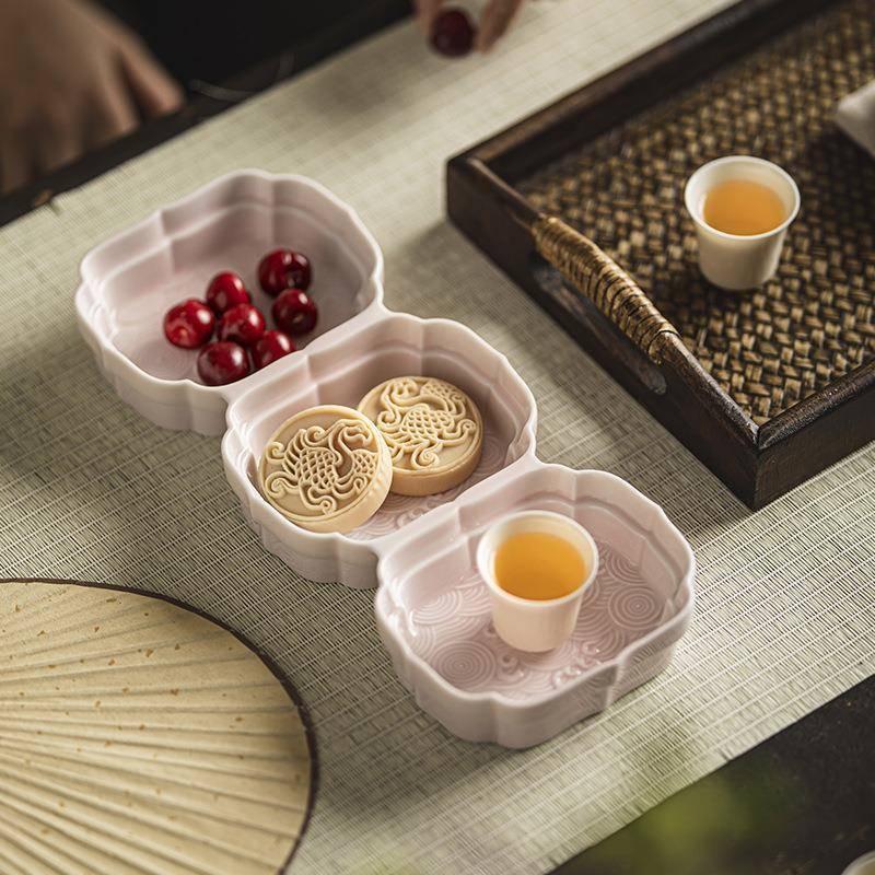 中式复古茶糕点盘家用陶瓷果盘精致点代盘宋点心盘餐厅食海浪三格