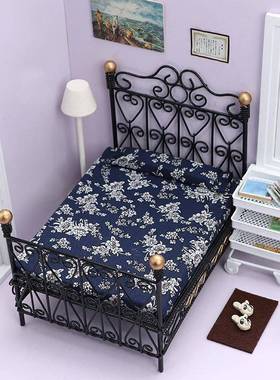 1:12迷娃娃你家屋具摆件铁床O模B11卧室双MT001-BK人床仿真公主床