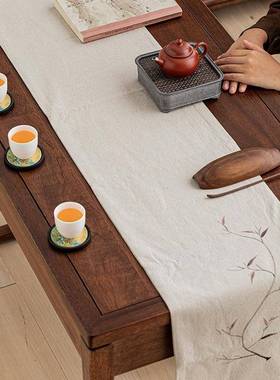 中式禅意手17631绘茶棉麻桌布桌旗方长形席桌布高垫端茶桌复古客