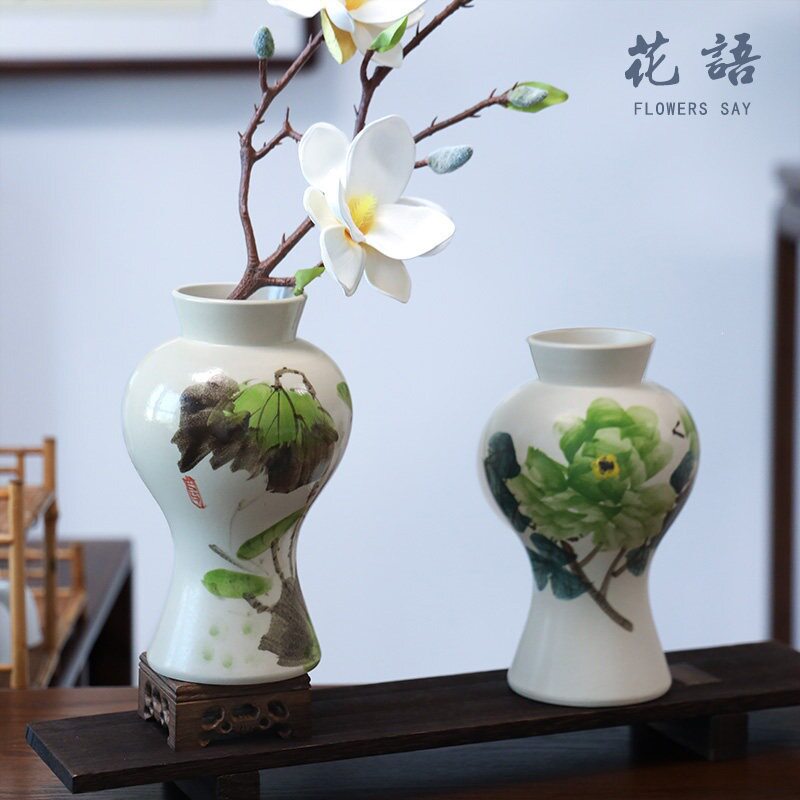 现代简约中式手绘花瓶高级感轻奢奶油风桌面摆件居家装饰鲜切花器