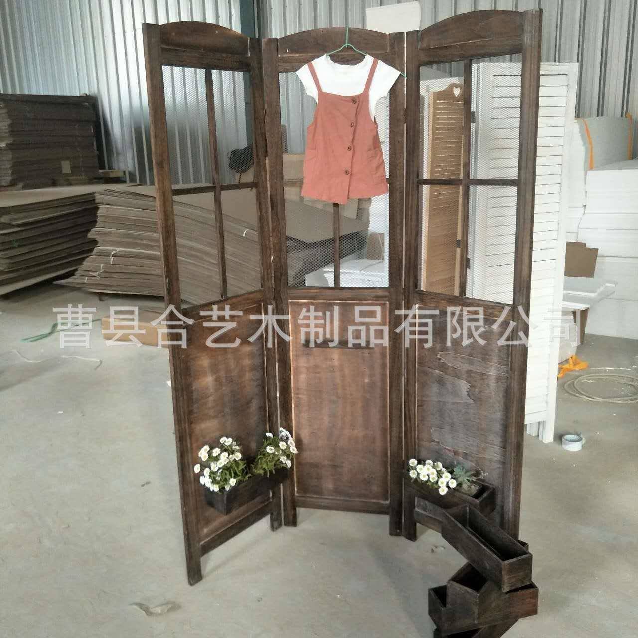 供应田园复古木质花盒屏风可折叠可移动铁网隔断屏风