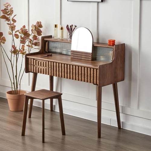 黑胡桃木梳妆台实木简约现代樱桃木卧室化妆桌北欧轻奢化妆台柜