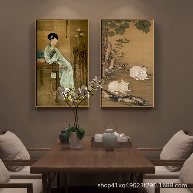 新中式春阁倦读古朴仕女图人物国画双兔古风餐厅客厅书房玄关挂画