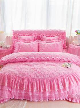 丝婚庆大红色DCI床裙四套婚被件子结夹棉床罩款床上蕾花边床单被