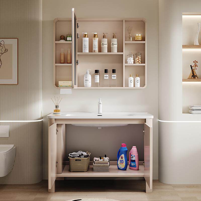 奶风窝铝式落地浴室油柜侧边收纳柜卫生间陶434瓷一体盆组合洗漱