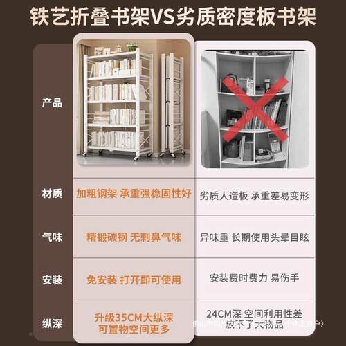 免安装叠书架置物架落地可移ZFC动架子客厅收纳简易铁艺钢折制书