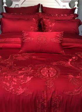 28K140支U匹马婚棉刺绣四件套结大红色TLQ婚庆龙凤被套新婚