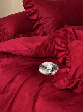 法棉式床浪漫边婚庆四件套棉质10花0F6M97618S长绒提花红色结婚被