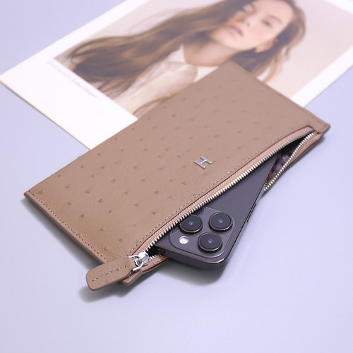 真皮钱包女长款2023新款超薄款手拿皮夹小众设计鸵鸟纹牛皮手机包