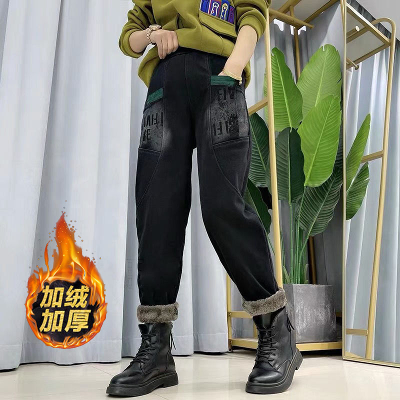 加绒加厚牛仔裤女秋冬季2022新款高腰大码外穿哈伦直筒老爹裤子女