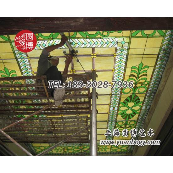 艺术彩绘玻璃穹顶上海翡翠别墅彩色穹顶玻璃圆博工艺