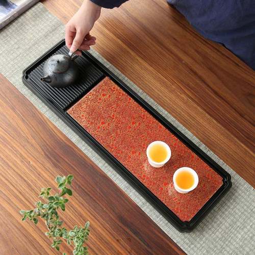 新款电简干湿IKC两用形长方排水干约泡木茶盘日式仿真大漆茶台茶